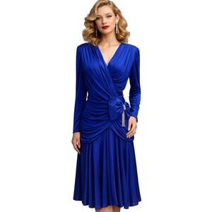 Vintage 80s Abby Kent Cocktail Dress 14 Blue Draped Bow Evening Hollywood Glam